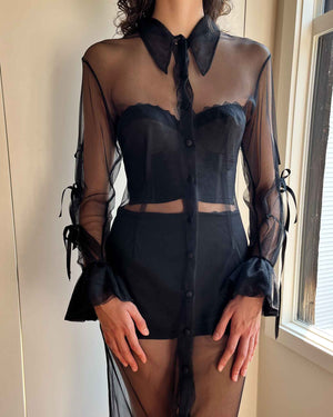 90s Sheer Black Ribbon Dress | S