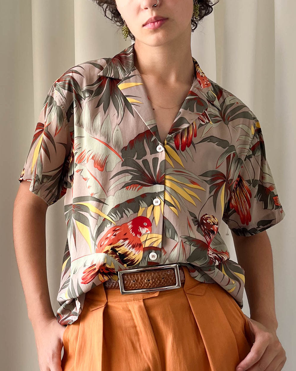90s Tropical Print Silk Shirt