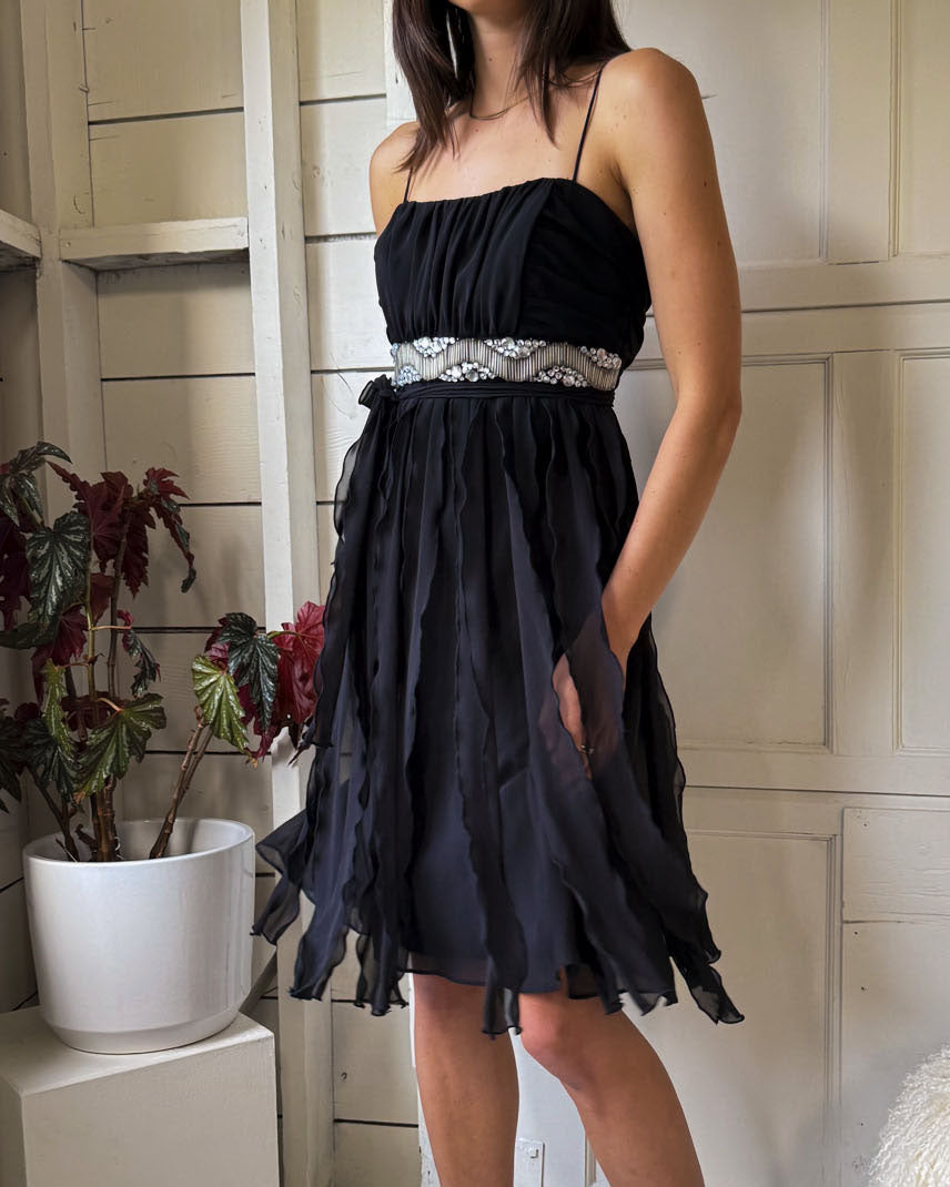 Vintage black buy silk beaded swing dress