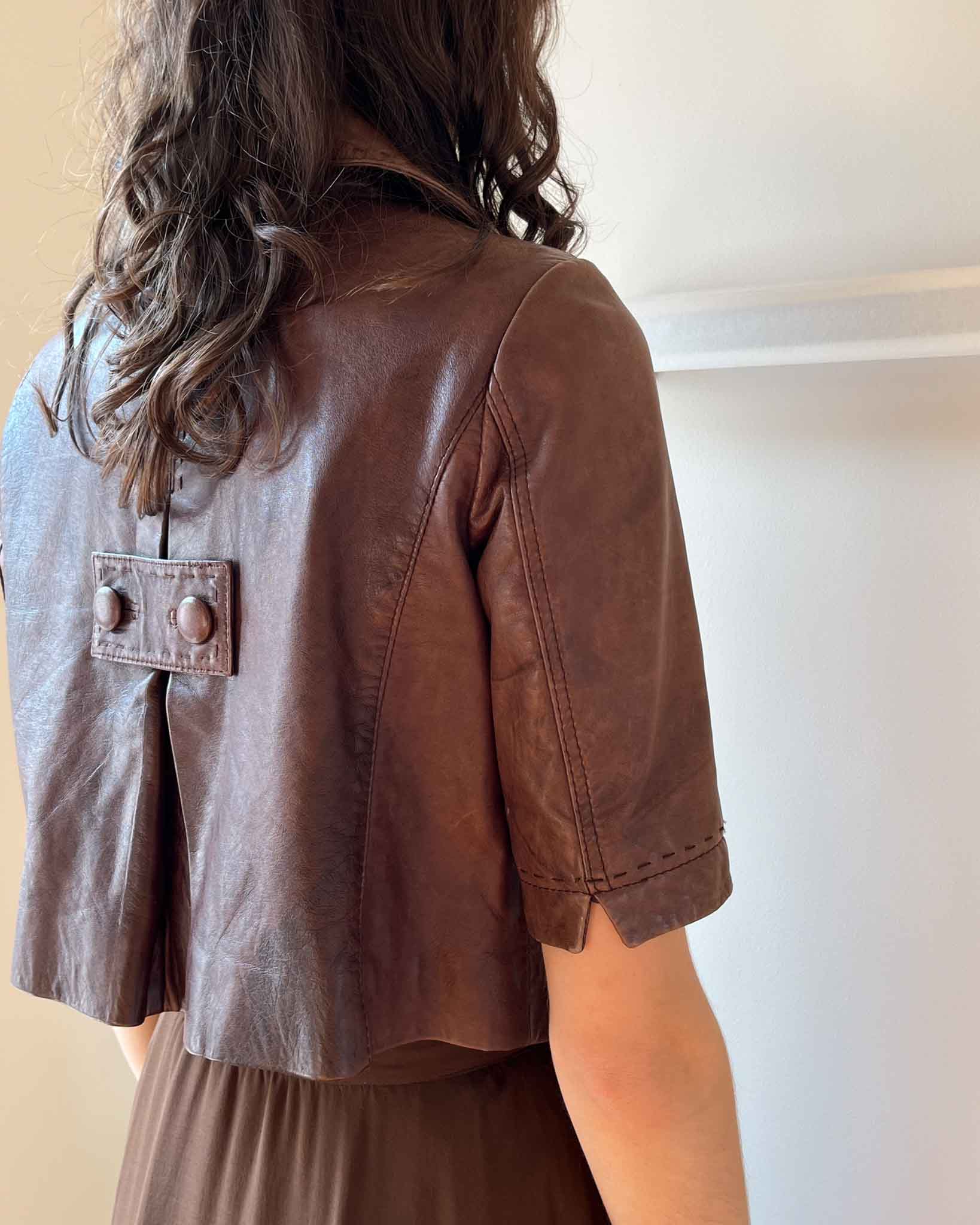 00s Brown Cropped Leather Jacket | S