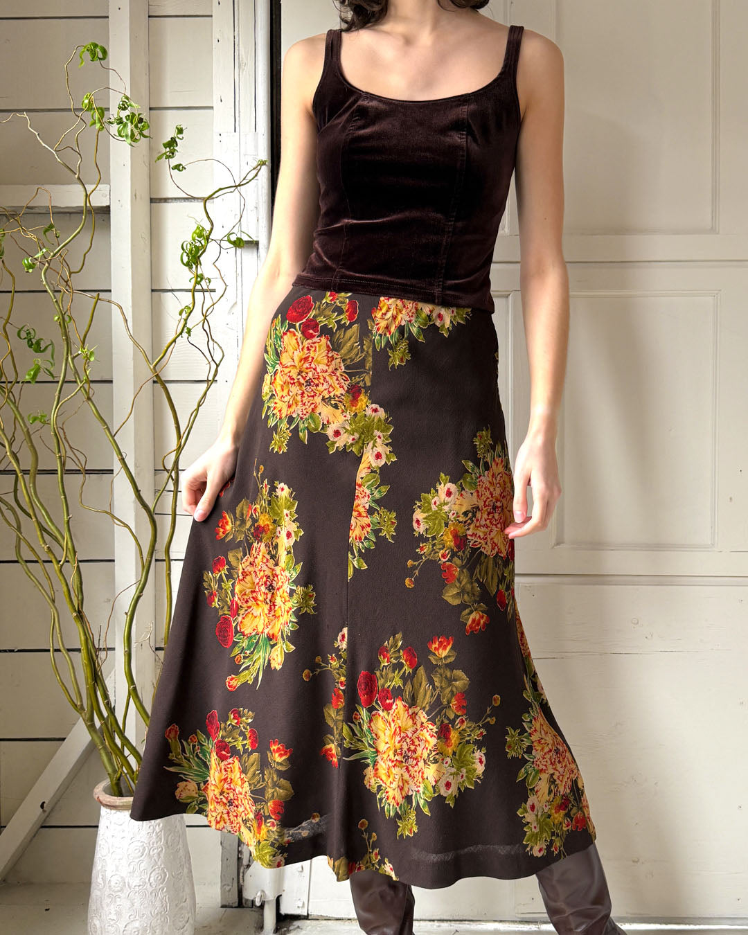 00s Brown Floral Wool Crepe Ensemble | S