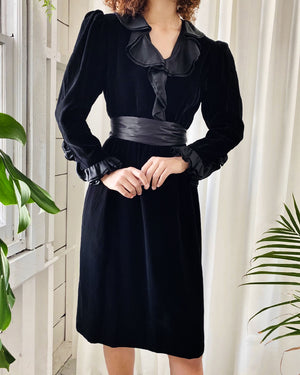 80s YSL Black Silk Velvet Dress | M