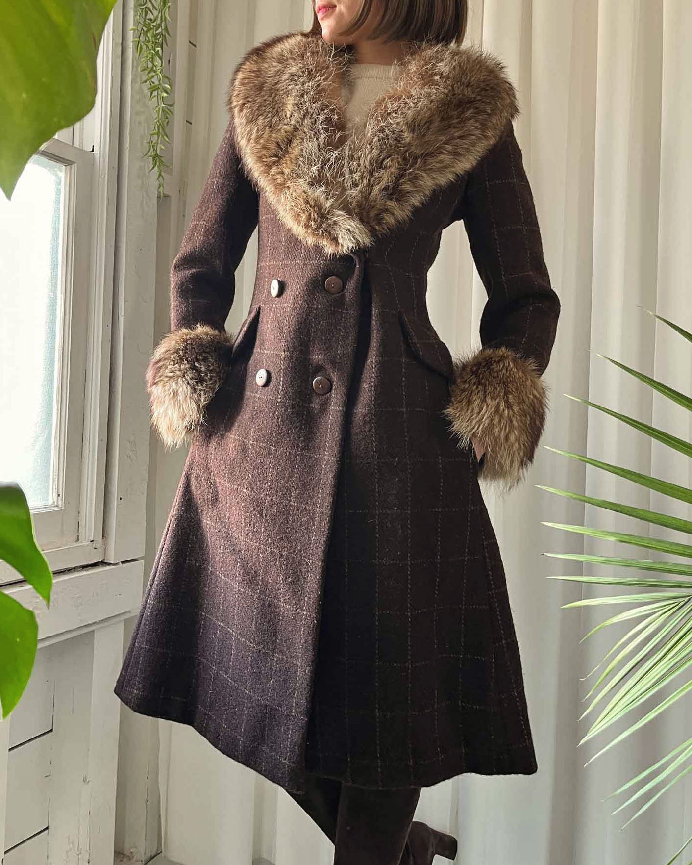 70s Bill Blass Fur Collar Coat XS Lucky Vintage