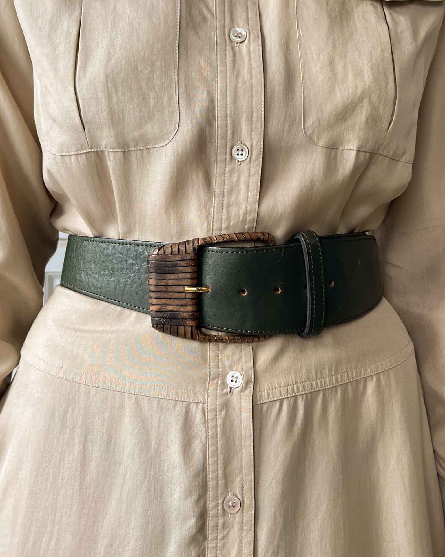 90s Green Leather Wrapped Buckle Belt | M