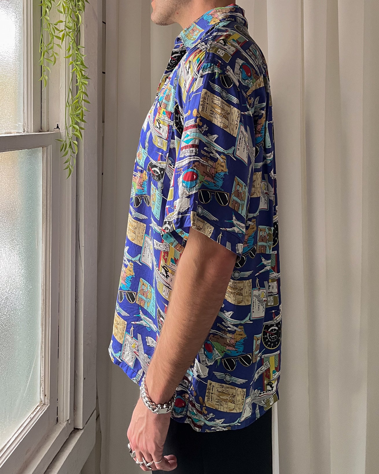 90s Nicole Miller Air Travel Silk Shirt | S-L 90s Nicole Miller Air Travel Silk Shirt | S-L