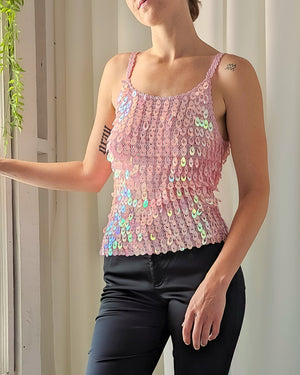 Y2K Pink Crochet Paillette Tank