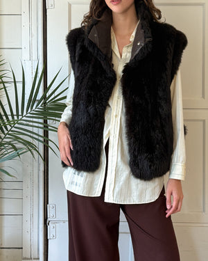 90s Brown Fur & Leather Vest | S-L
