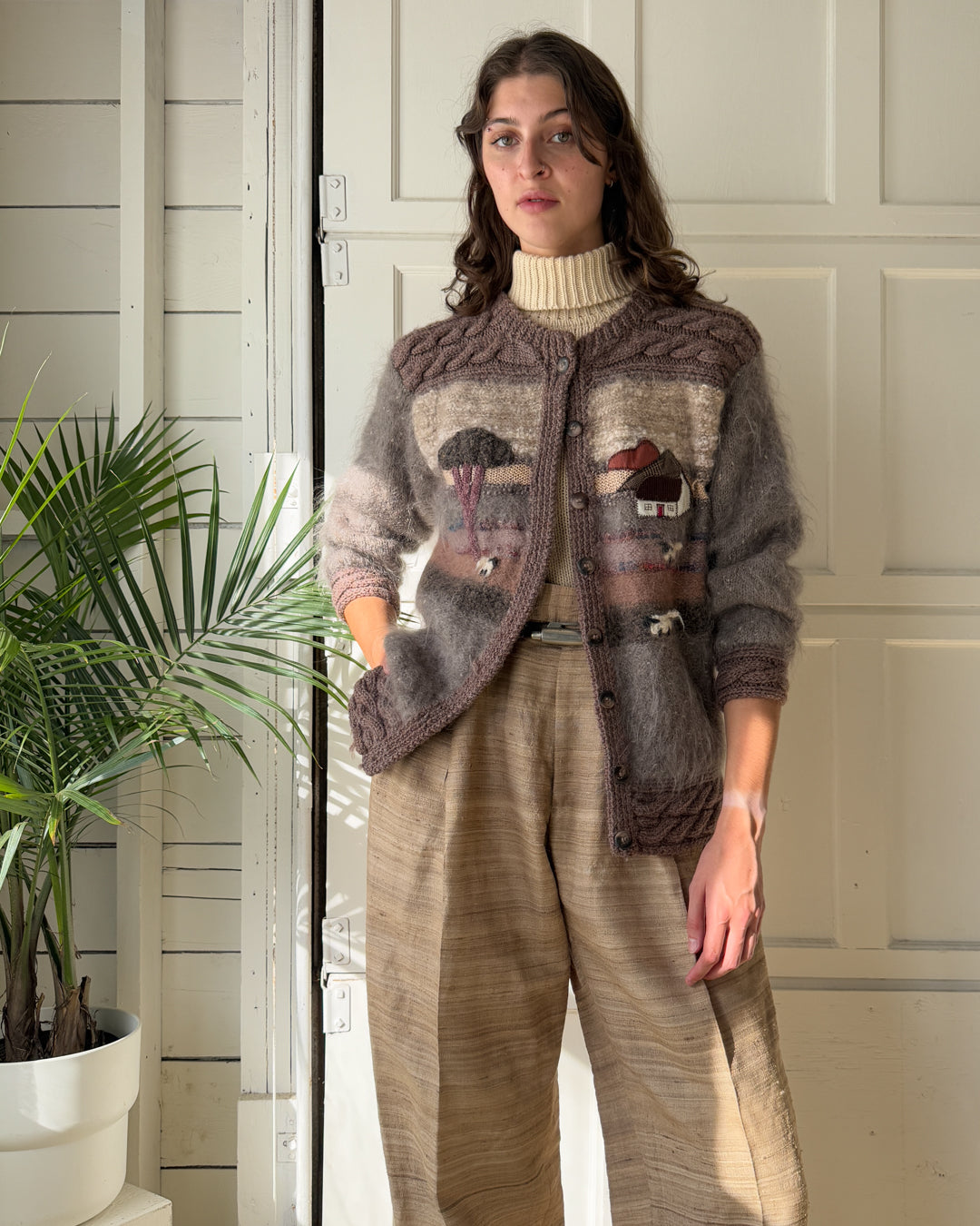 80s Brown Pastoral Mohair Cardigan | L - Lucky Vintage