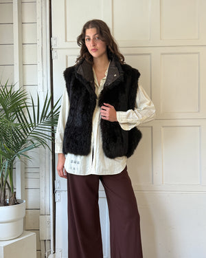 90s Brown Fur & Leather Vest | S-L