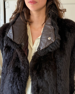 90s Brown Fur & Leather Vest | S-L
