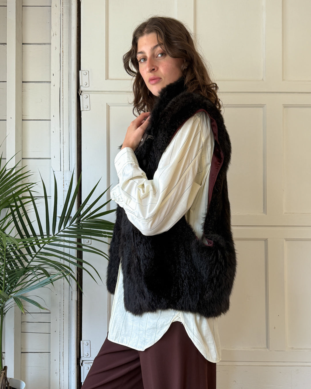 90s Brown Fur & Leather Vest | S-L