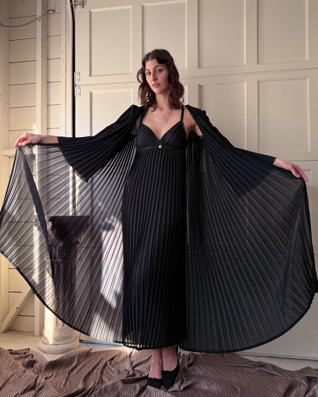 vintage pleated dress 80s Pleated Slip Dress & Jacket Set