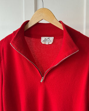 Hermès Red Cashmere Quarter Zip Sweater | XL