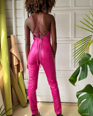90s North Beach Pink Leather Jumpsuit | XS - S