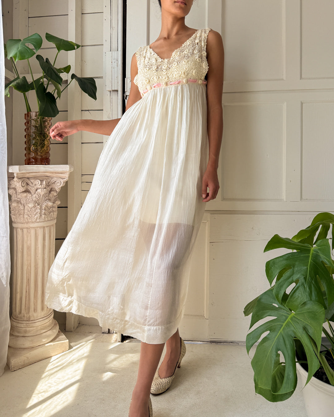 20s Crochet & Silk Nightgown | XS
