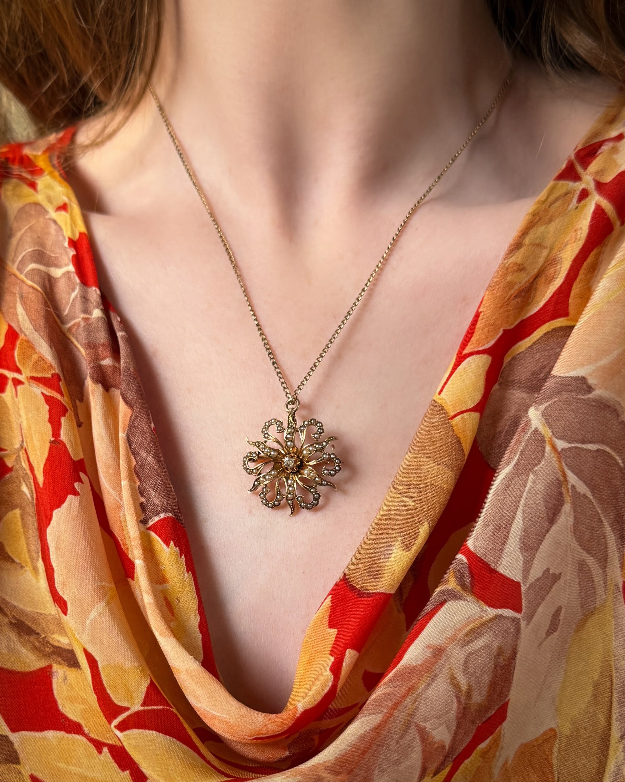 Antique 14K Gold & Pearl Pendant Necklace