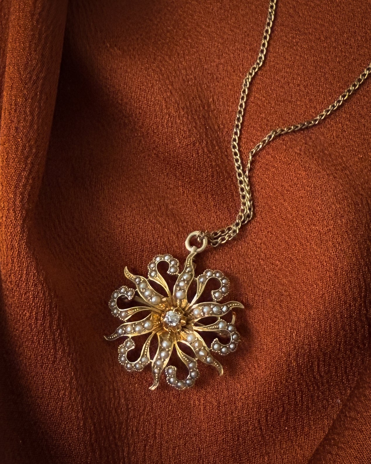 Antique 14K Gold & Pearl Pendant Necklace