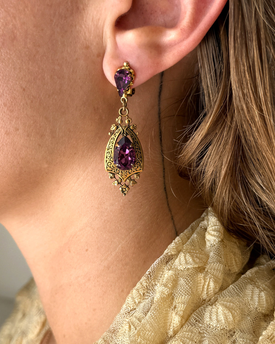 Victorian Gold & Purple Crystal Earrings