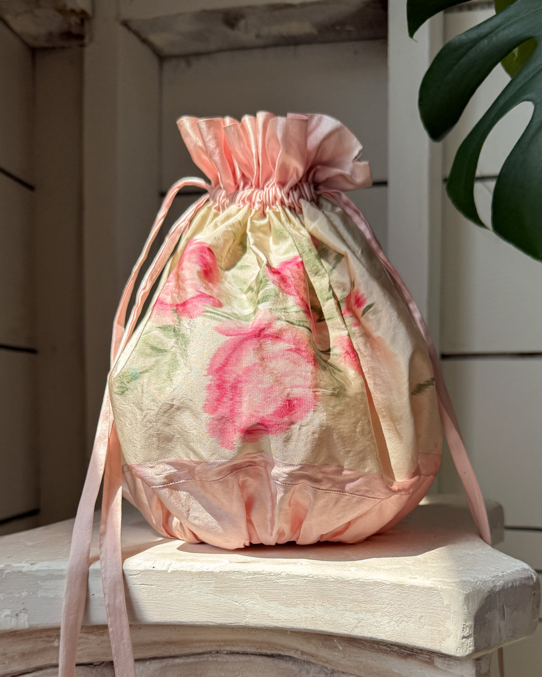 Antique Pink Floral Silk Reticule Purse
