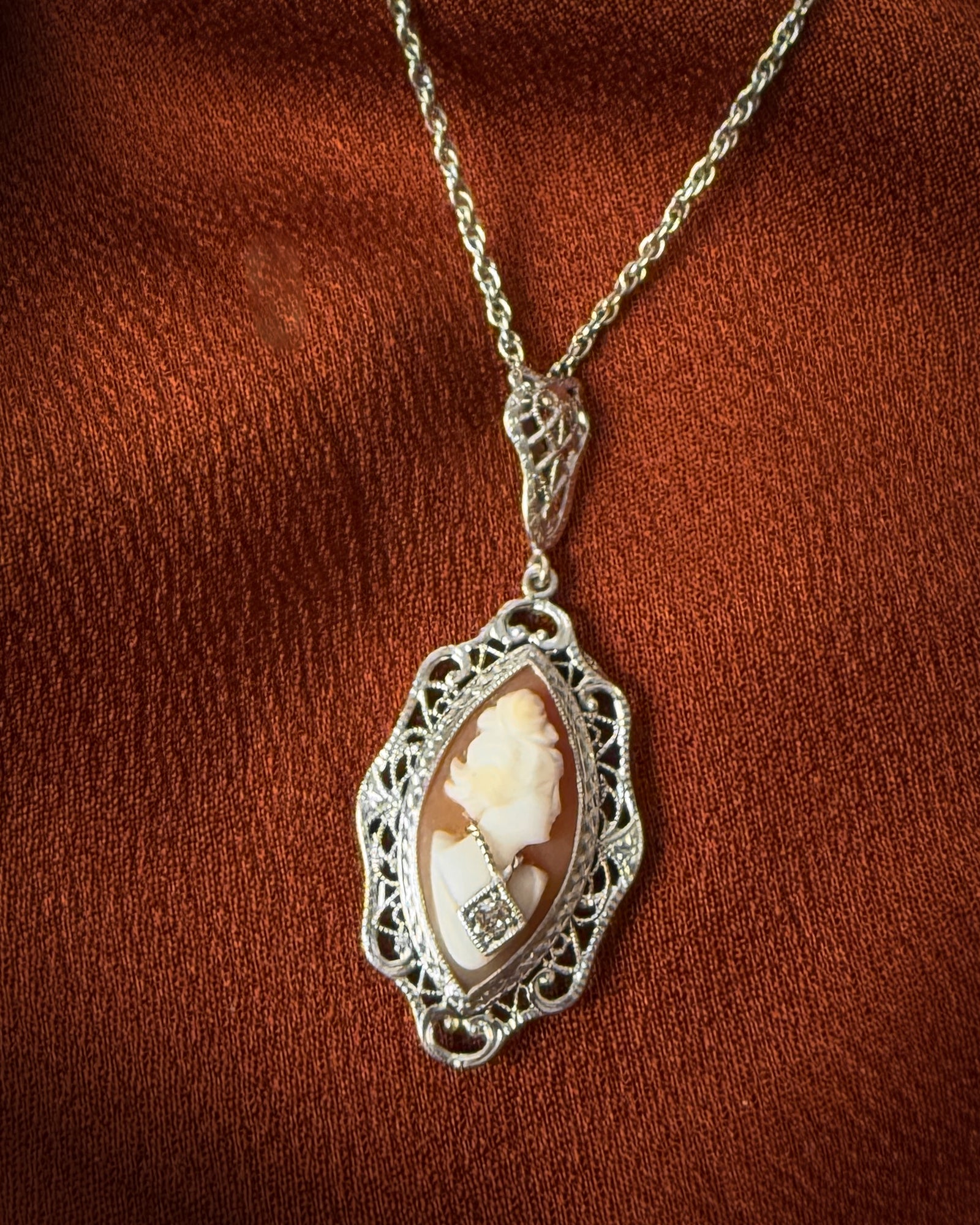 Antique 14K Gold & Diamond Cameo Necklace