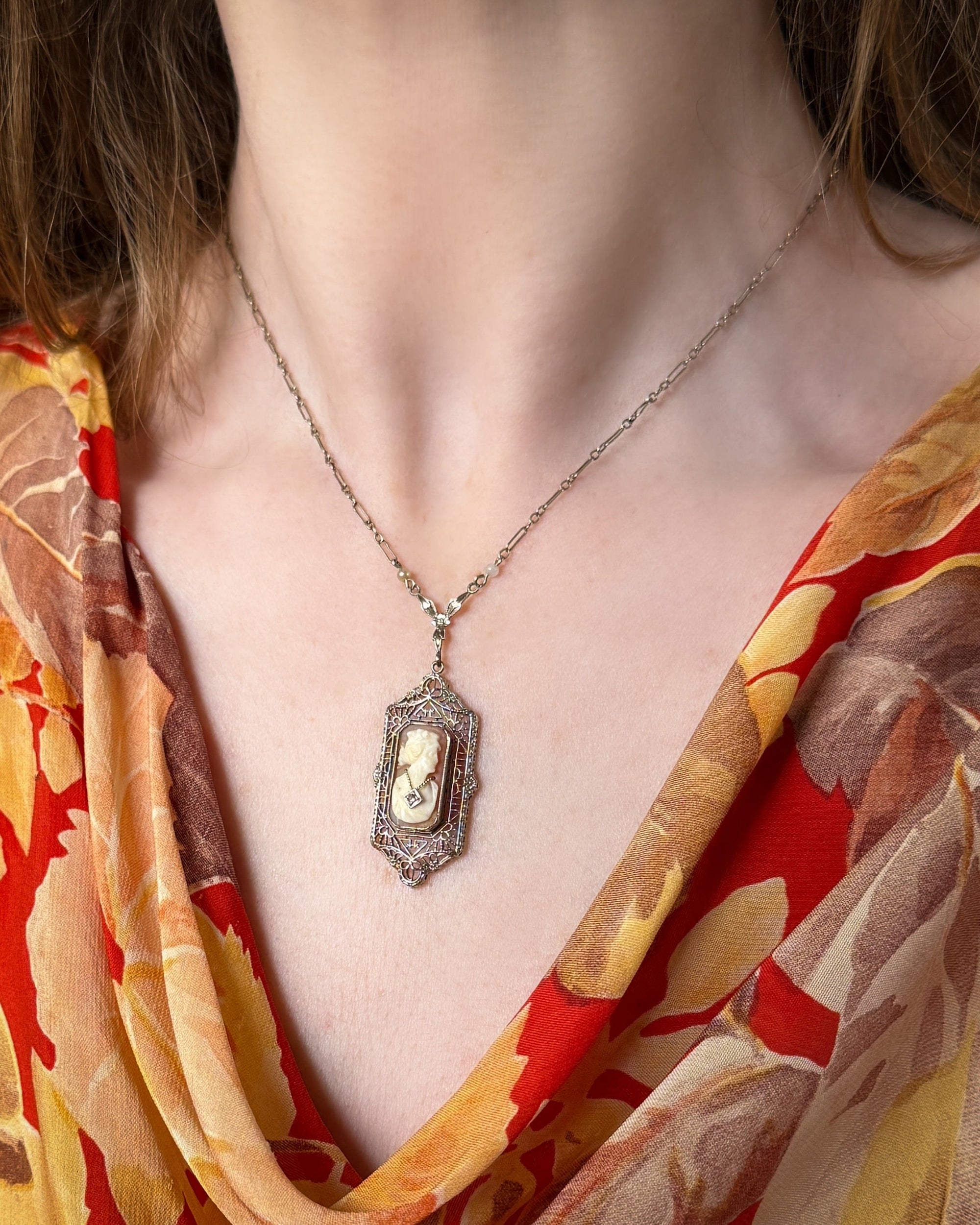 Antique 10K Gold & Diamond Cameo Necklace