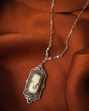 Antique 10K Gold & Diamond Cameo Necklace