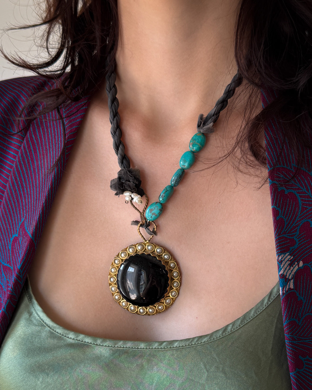 Artisan Turquoise & Pearl Silk Necklace