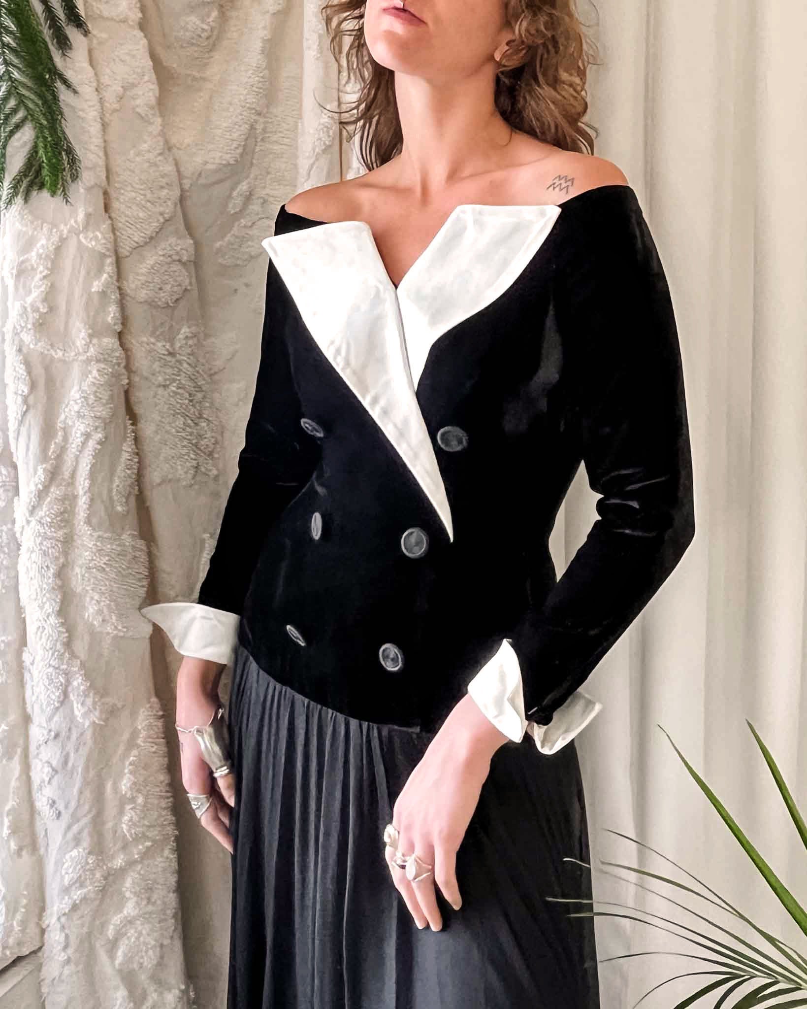 80s Off Shoulder Tuxedo Gown | S-M