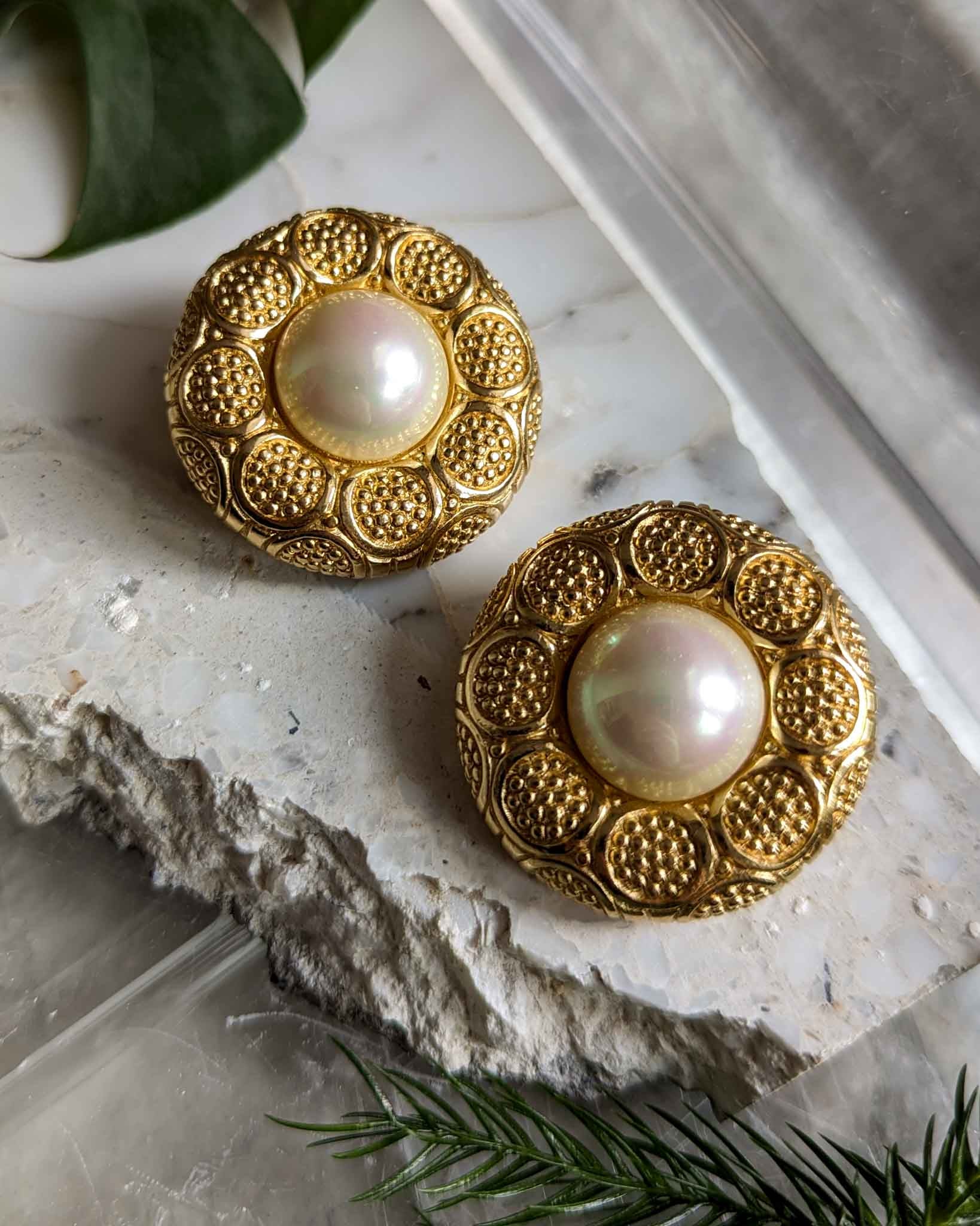 80s Dior Gold Faux Pearl Earrings - Lucky Vintage