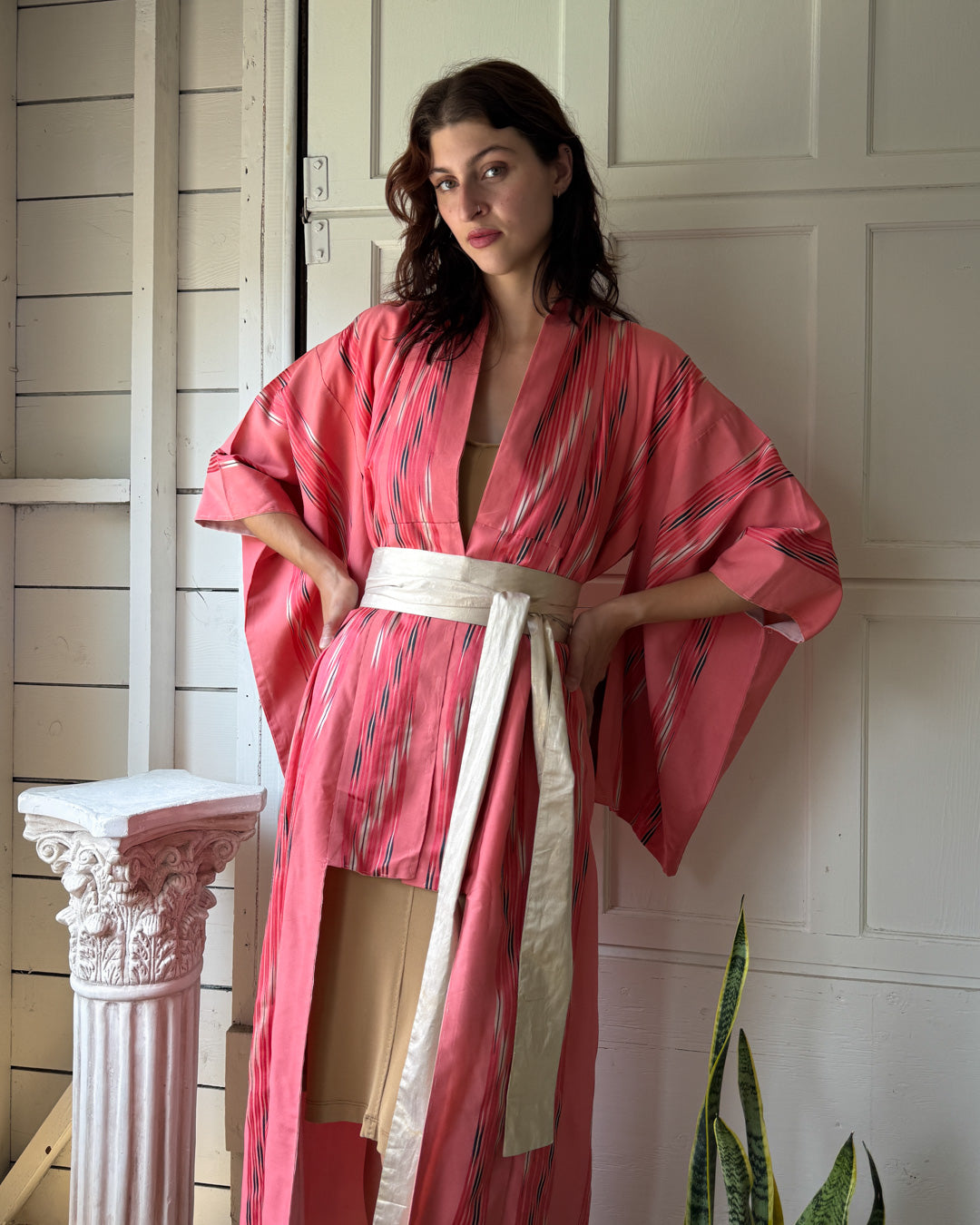 Pink Kasuri Stripe Silk Kimono