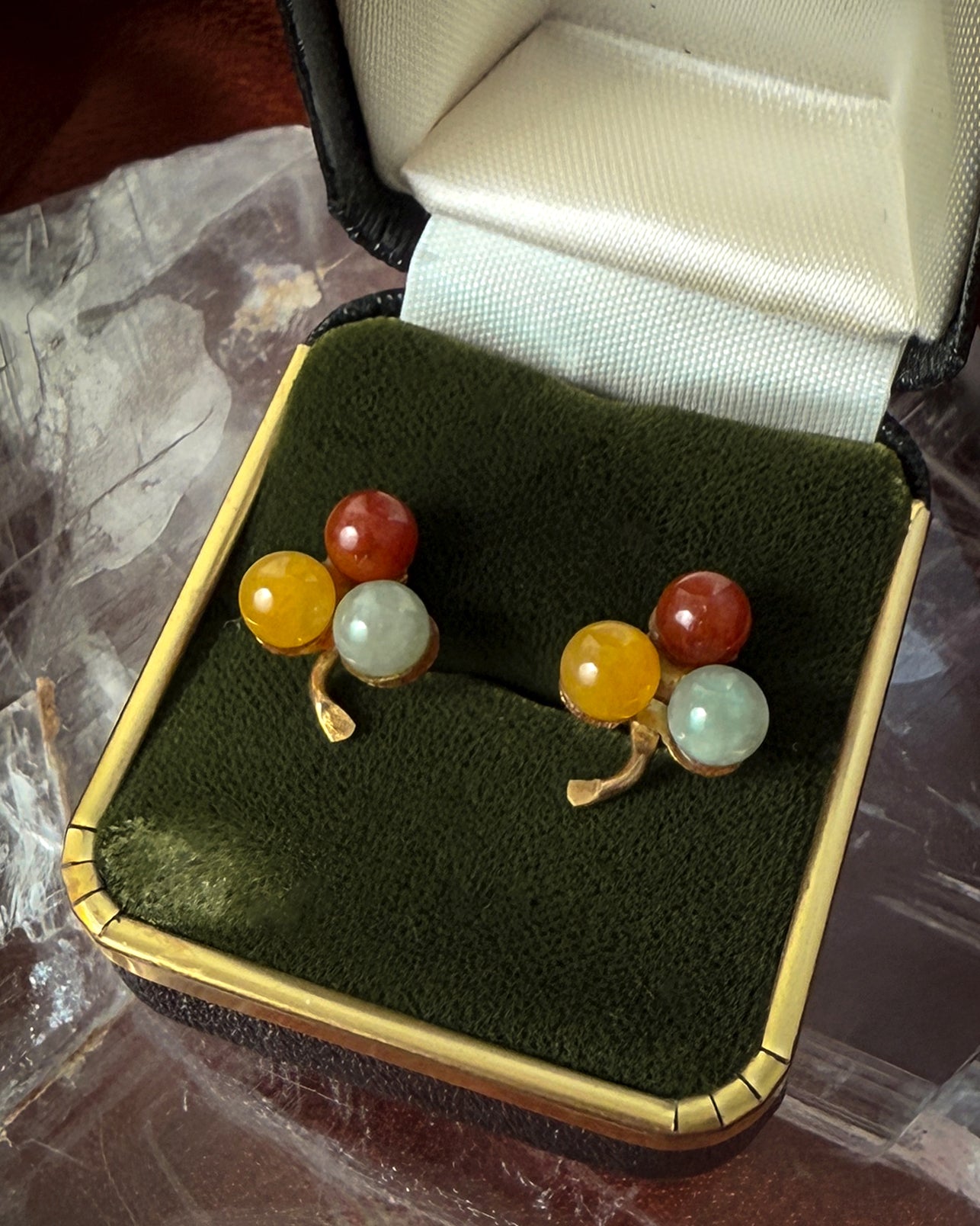 14K Gold Tri-Color Jade Earrings