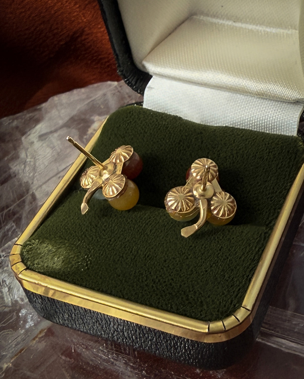 14K Gold Tri-Color Jade Earrings