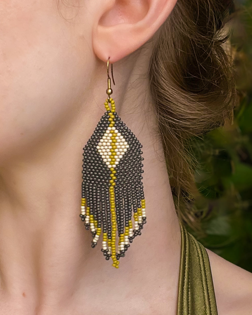 Hand Beaded Gray & Yellow Drop Earrings