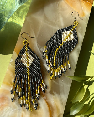 Hand Beaded Gray & Yellow Drop Earrings