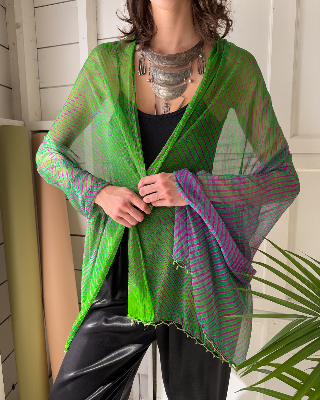 Vibrant Beaded Silk Shawl - Lucky Vintage