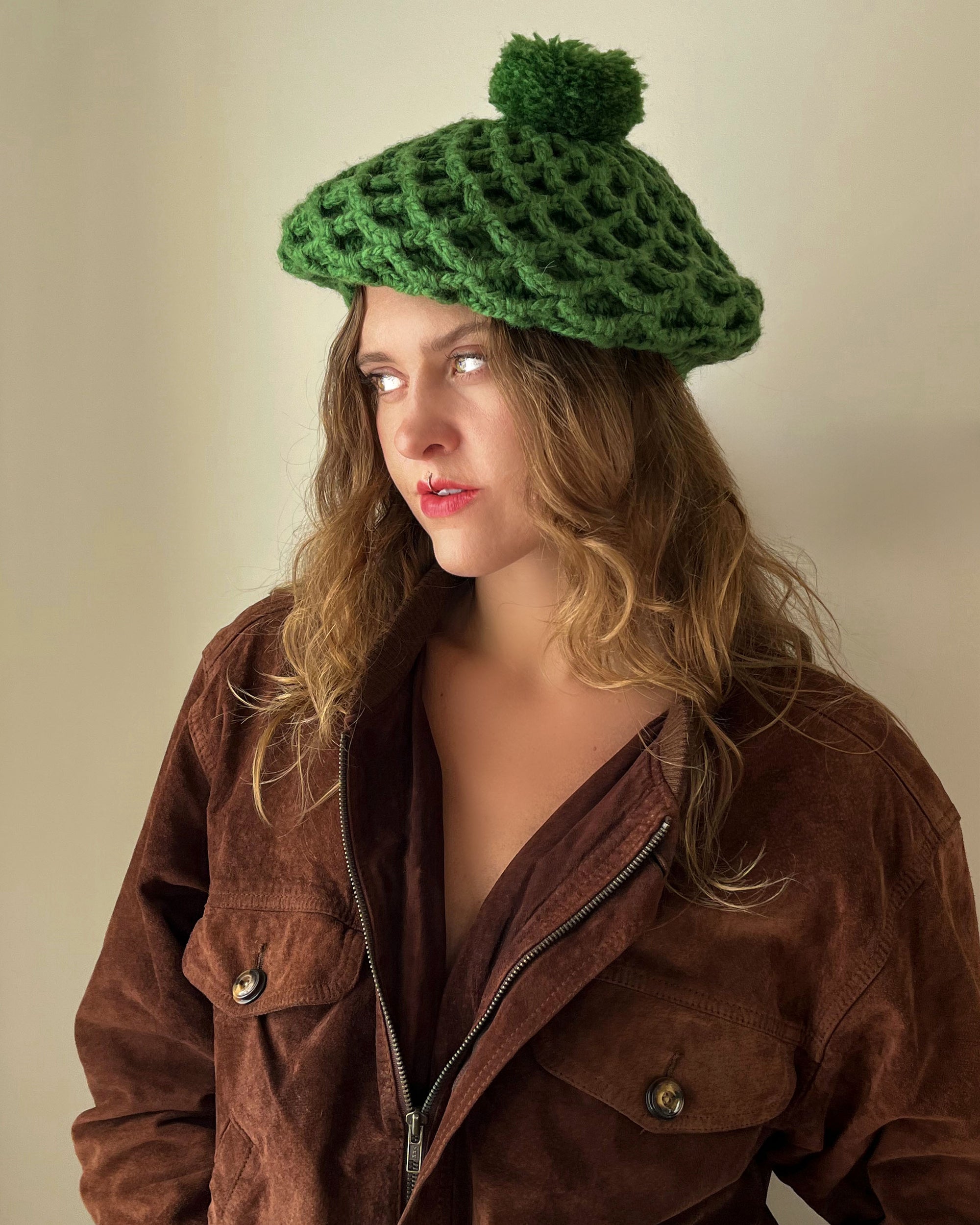 60s Green Hand Knit Beret