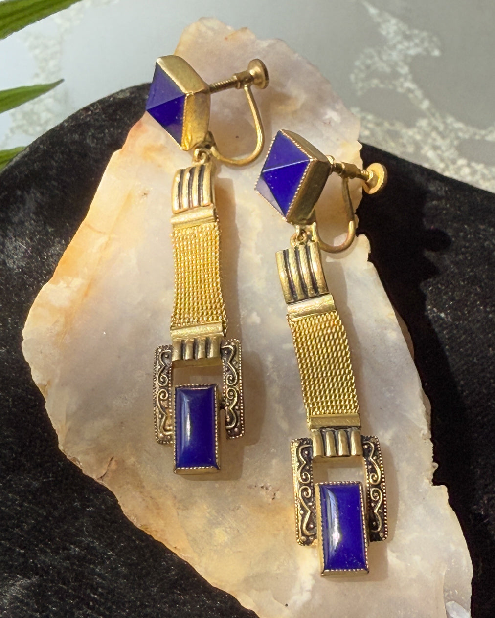 1920s Egyptian Revival Indigo Earrings