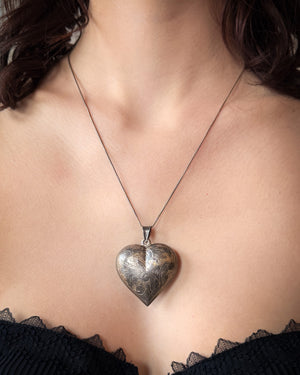 Etched Sterling Puffy Heart Necklace