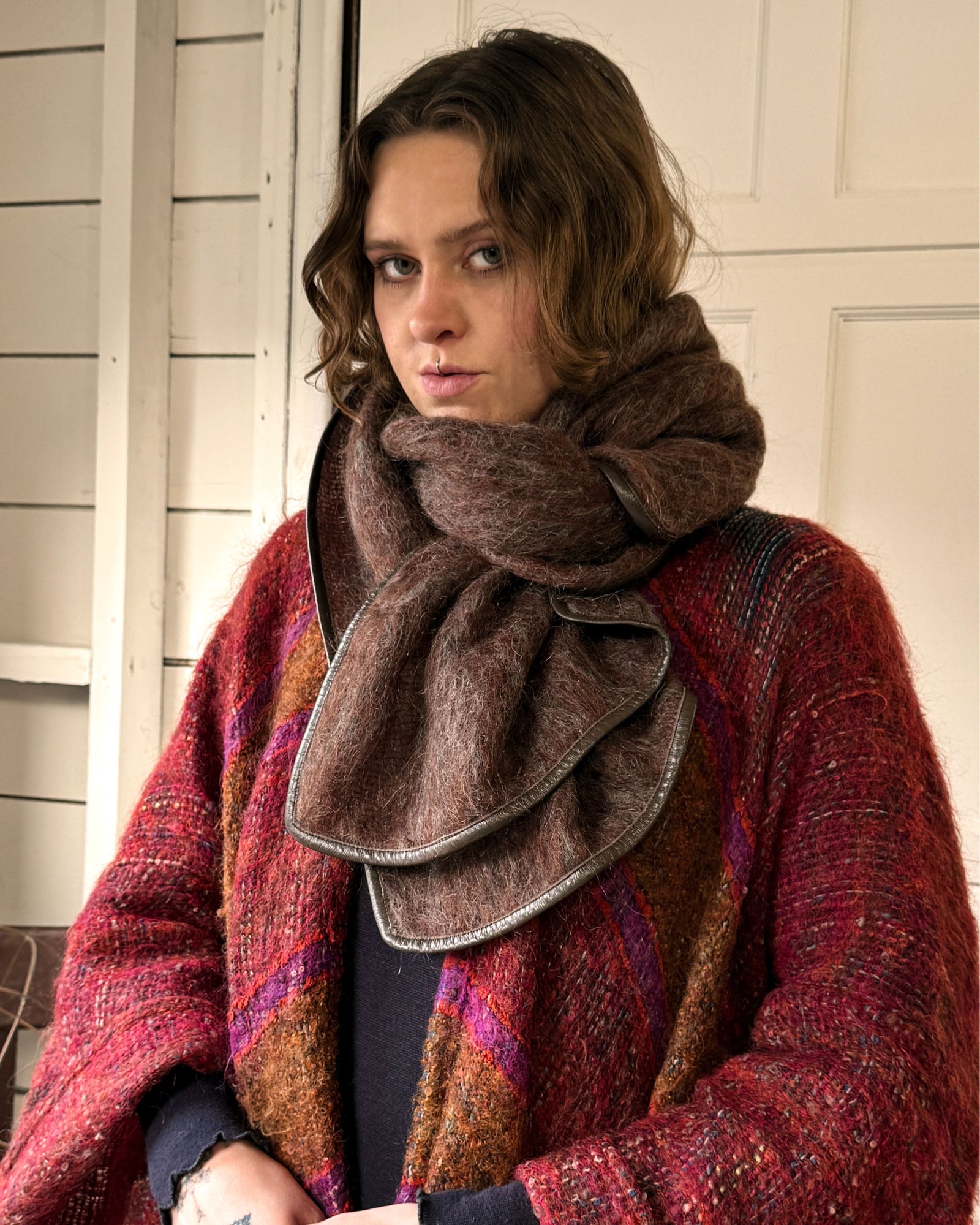 70s Leather Trim Mohair Scarf