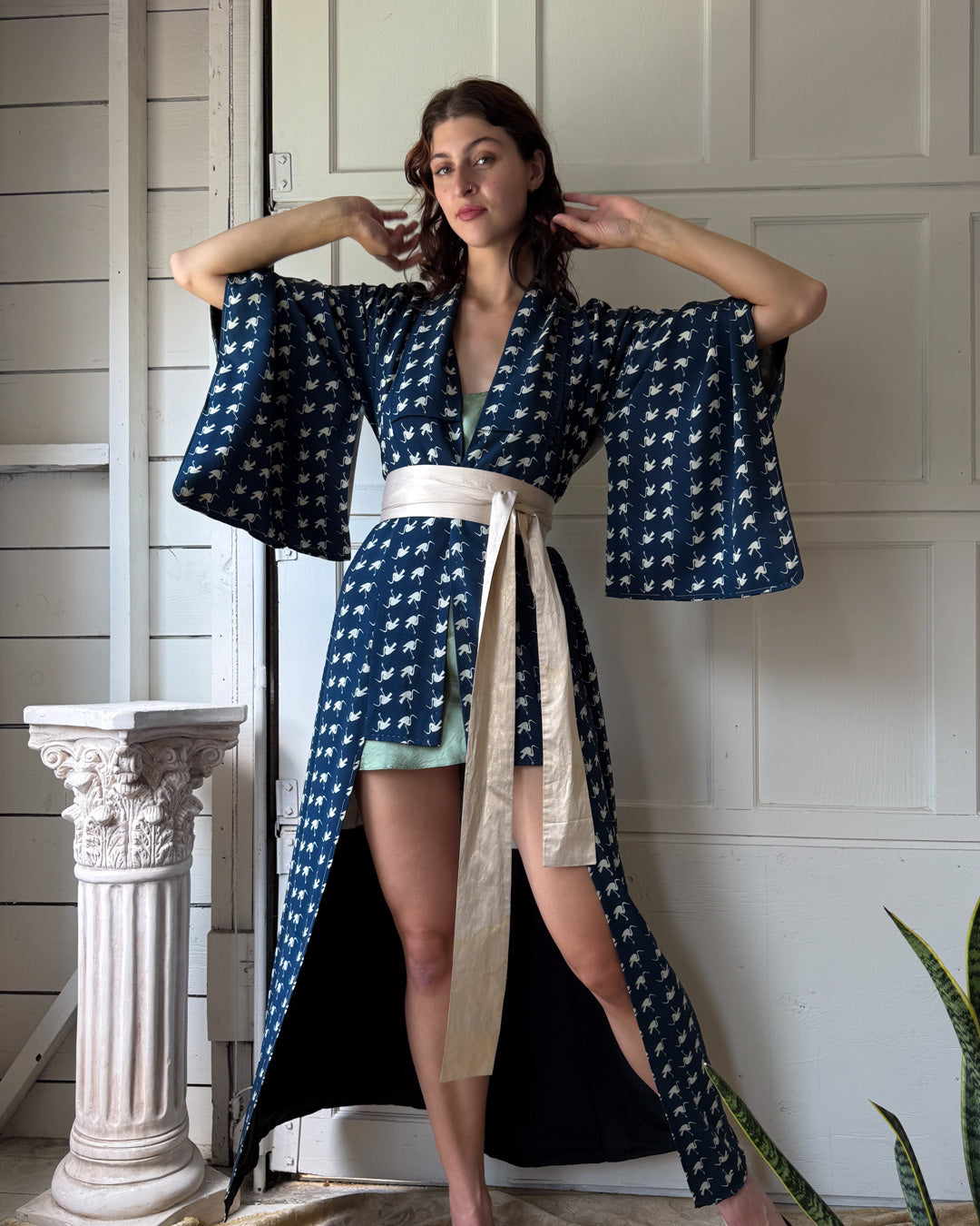 Vintage Silk Crepe Crane Kimono