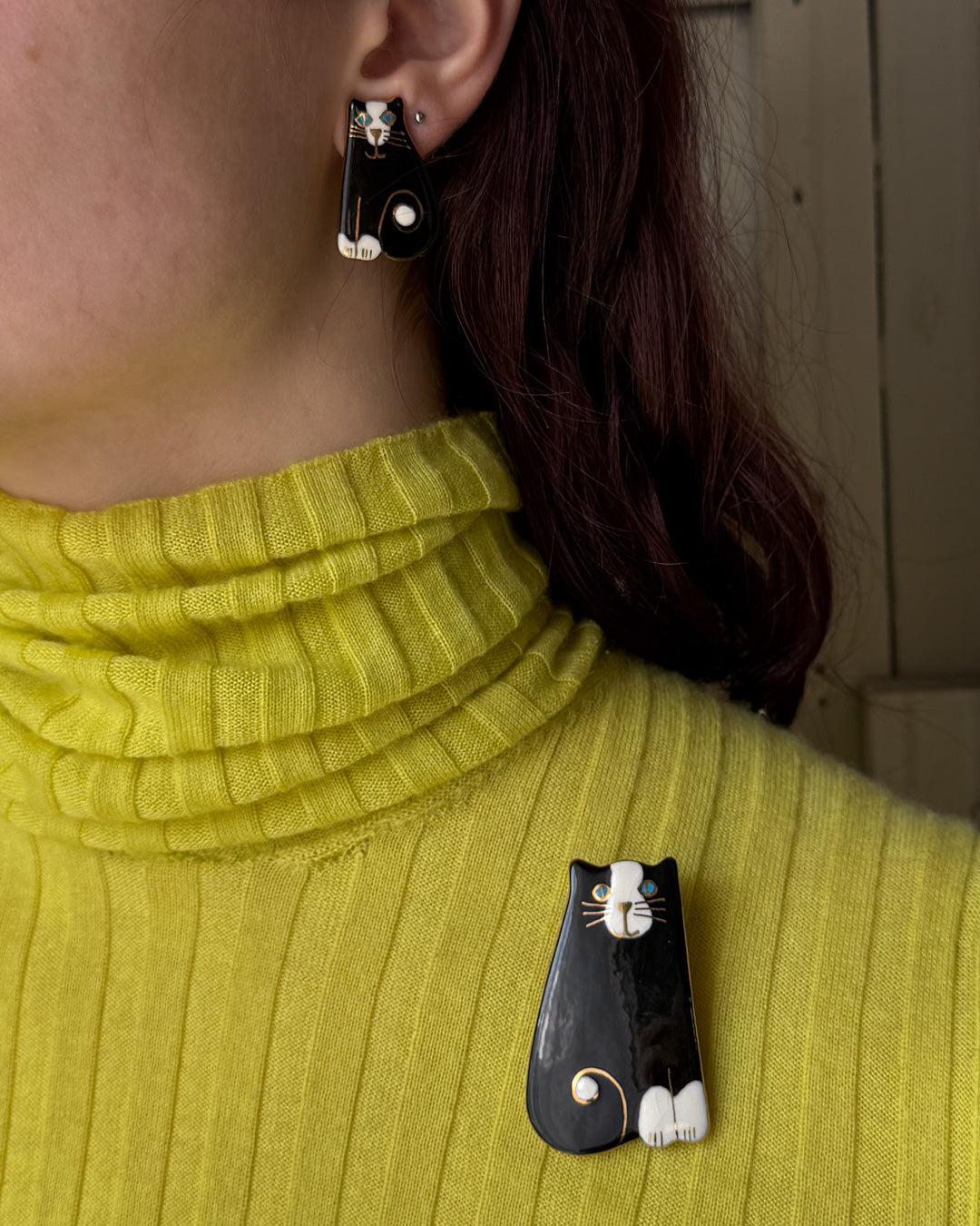 80s Cat Brooch & Earrings Set