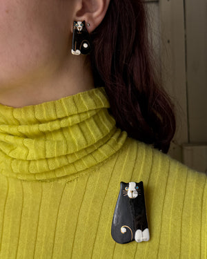 80s Cat Brooch & Earrings Set