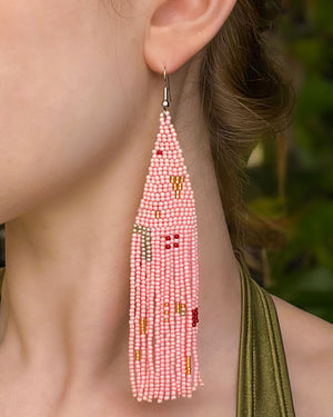 Hand Beaded Pink Drop Earrings