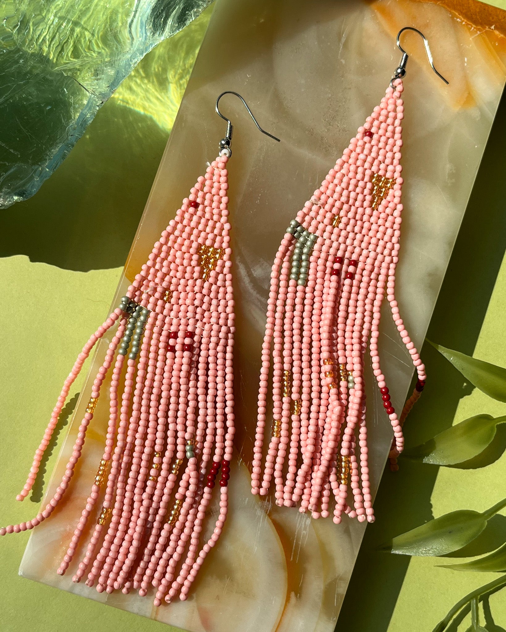 Hand Beaded Pink Drop Earrings