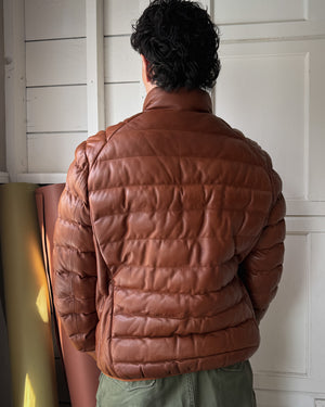 Cognac Leather Puffer Jacket | M