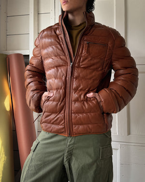 Cognac Leather Puffer Jacket | M