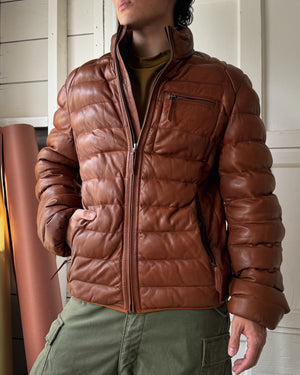Cognac Leather Puffer Jacket | M