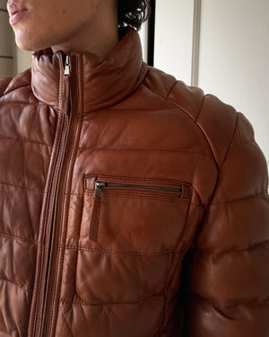 Cognac Leather Puffer Jacket | M