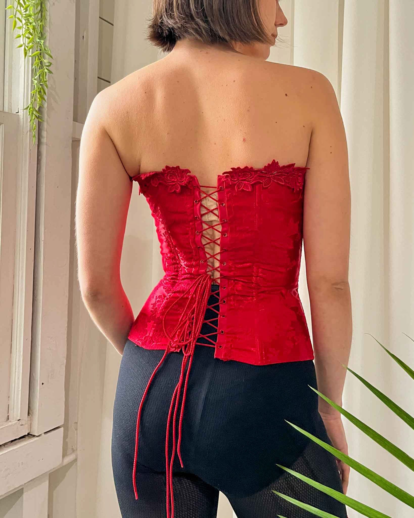 90s Red Brocade Corset - Lucky Vintage