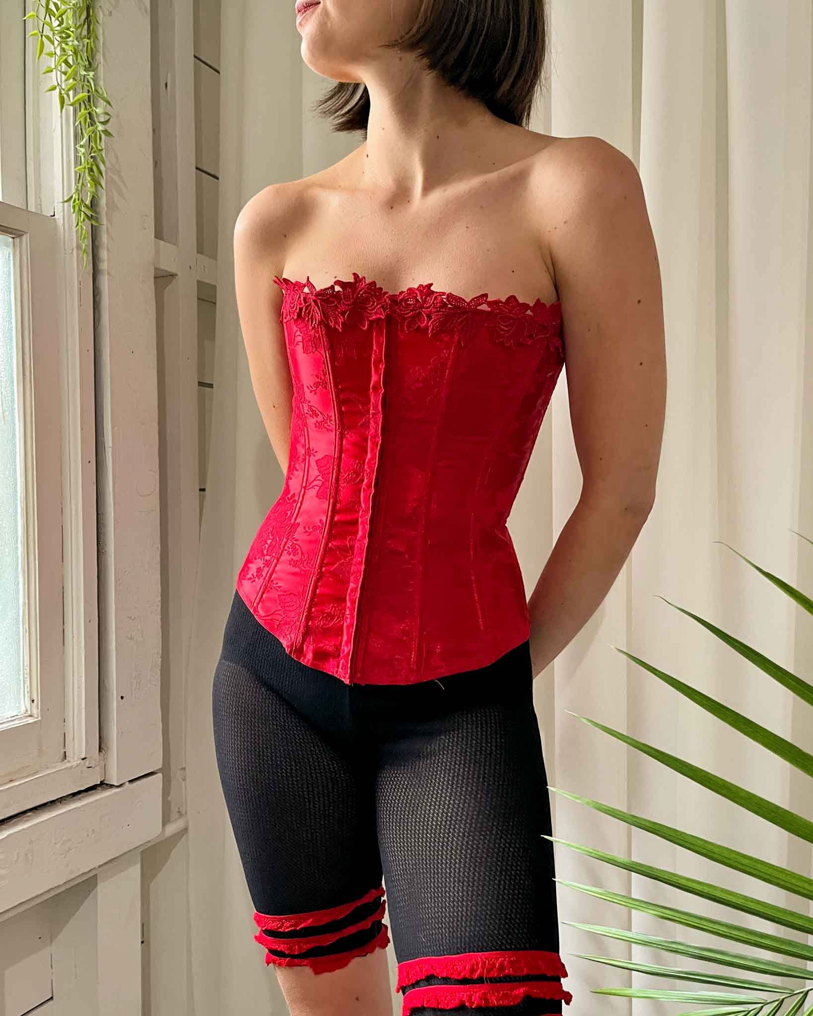 90s Red Brocade Corset - Lucky Vintage